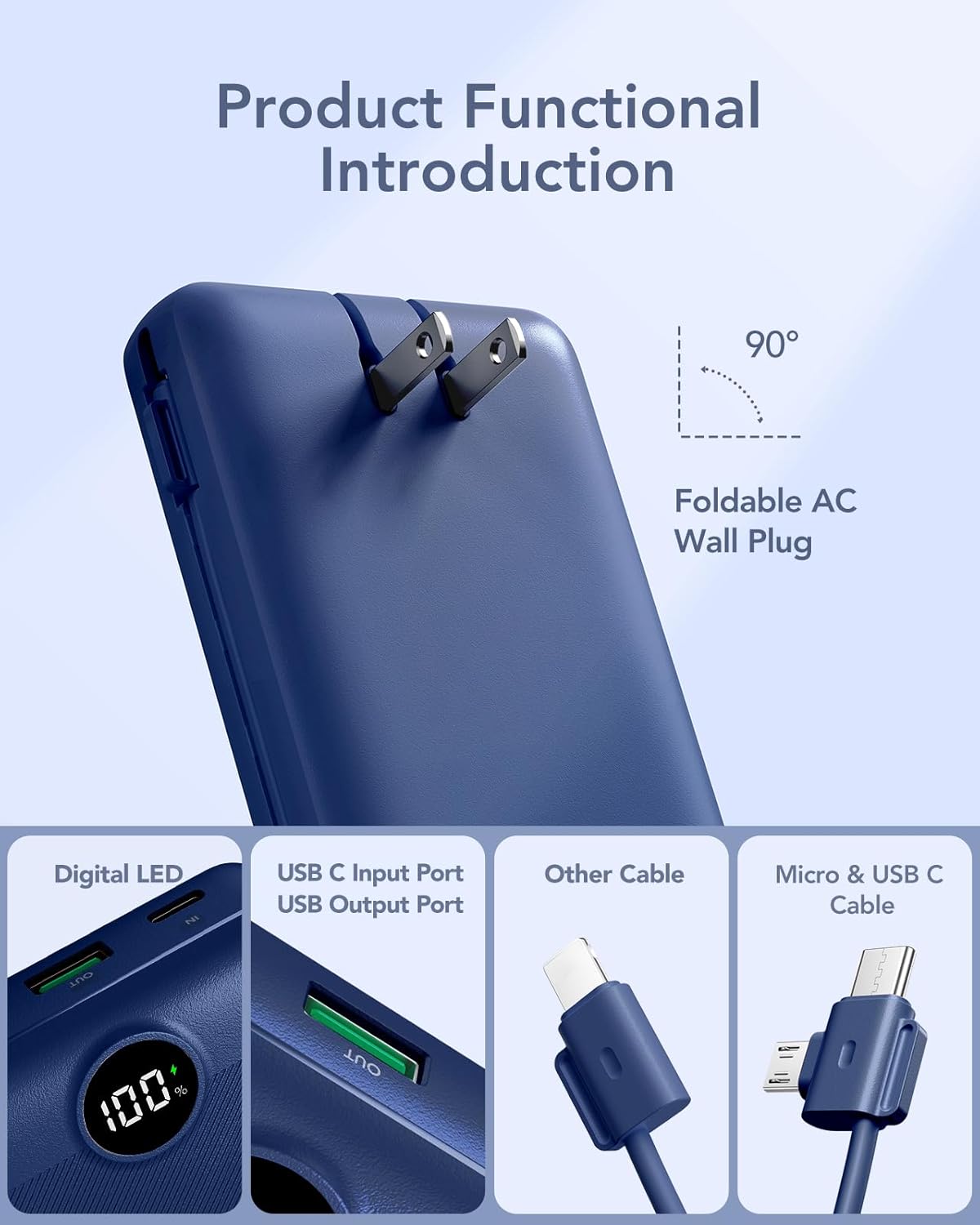 VRURC Portable Charger 20000mAh, Fast Charging Power Bank USB C,4 Output 2 Input Travel Essentials Charging Bank Equipped with LED Display,Built-in Wall Plug and Cables,Phone Charger Battery,Navy - Image 2